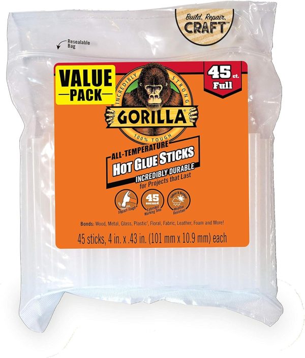 Gorilla Hot Glue Sticks, Full Size, 4" Long x .43" Diameter, 45 Count, Clear, Bonds: Wood, Metal, Glass, Plastic, Floral, Fabric, Leather, Foam, and More (Pack of 1 with 45 Glue Sticks per pack)