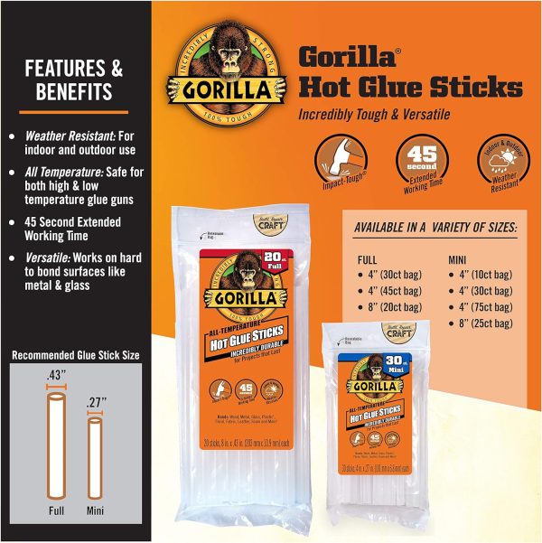 Gorilla Hot Glue Sticks, Full Size, 4" Long x .43" Diameter, 45 Count, Clear, Bonds: Wood, Metal, Glass, Plastic, Floral, Fabric, Leather, Foam, and More (Pack of 1 with 45 Glue Sticks per pack) - Image 3