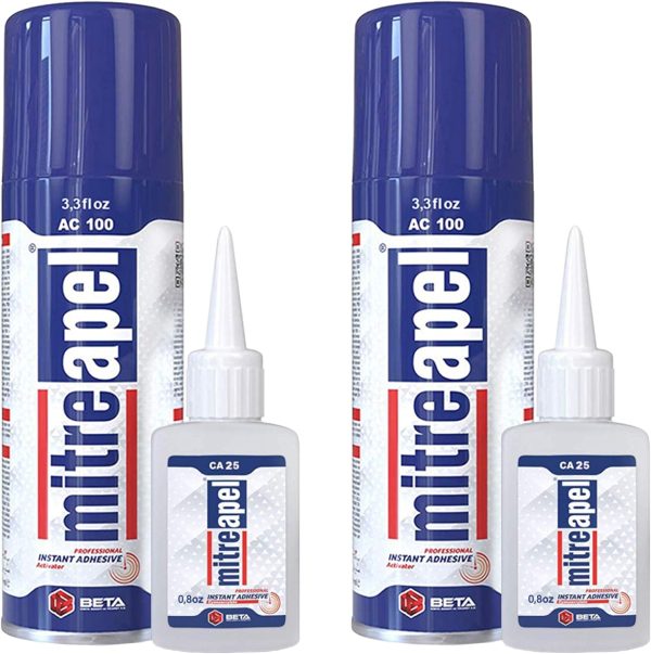 MITREAPEL CA Glue with Activator (2 x 0.80 oz - 2 x 3.30 fl oz.) - CA Glue for Woodworking - Cyanoacrylate Glue and Activator Spray - Crazy Glue, Super Glue for Crafts and DIY Projects - (2 Pk)