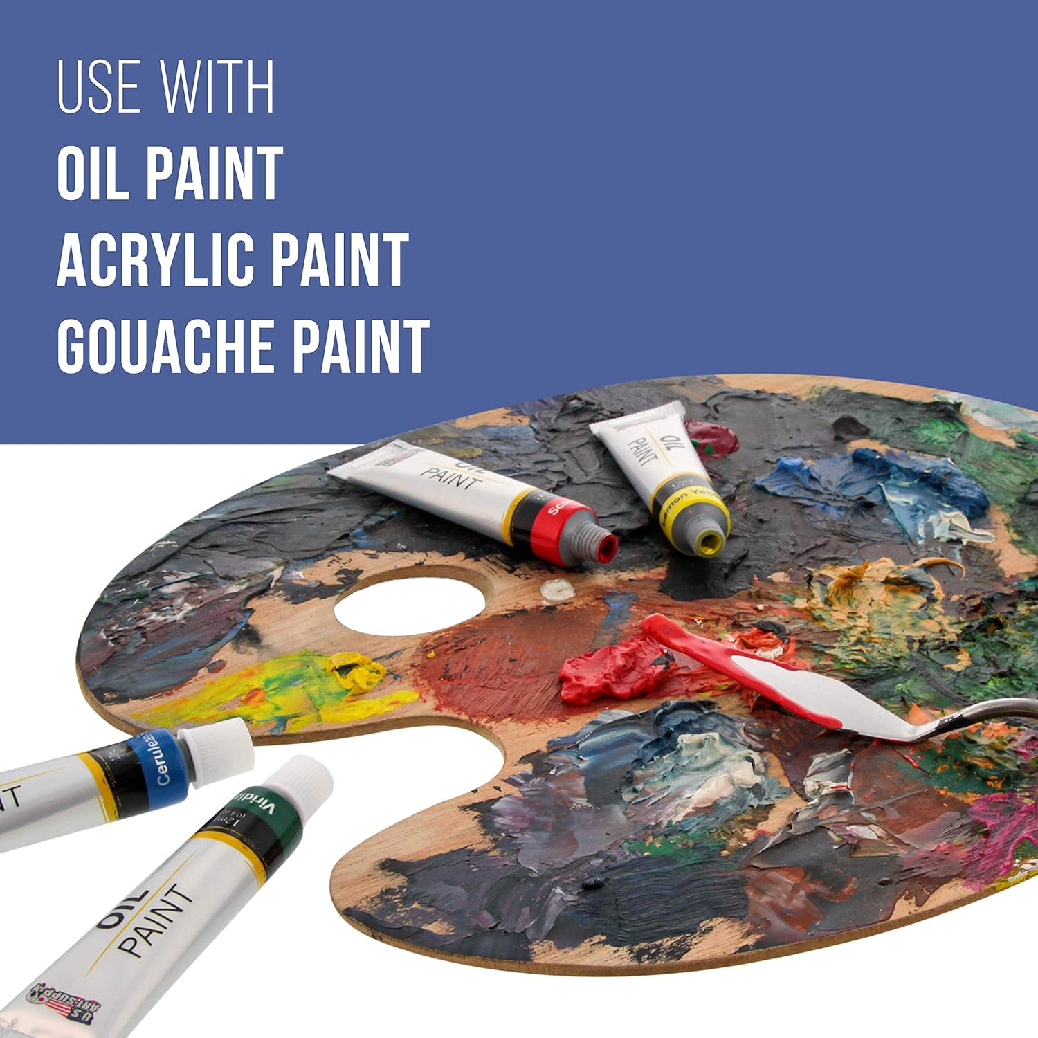 U.S. Art Supply 11.8" X 19.8" Extra Large Wooden Oval-Shaped Artist Painting Palette with Thumb Hole - Wood Paint Color Mixing Tray - Easy Clean, Mix Acrylic, Oil, Watercolor - Image 4